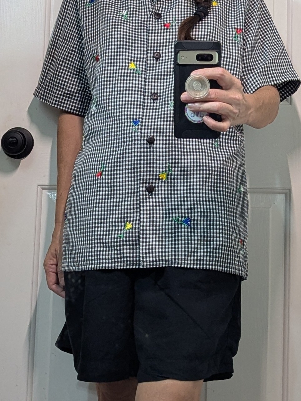 B/W Gingham Short-Sleeve Button-Up Shirt with Embroidered Accents